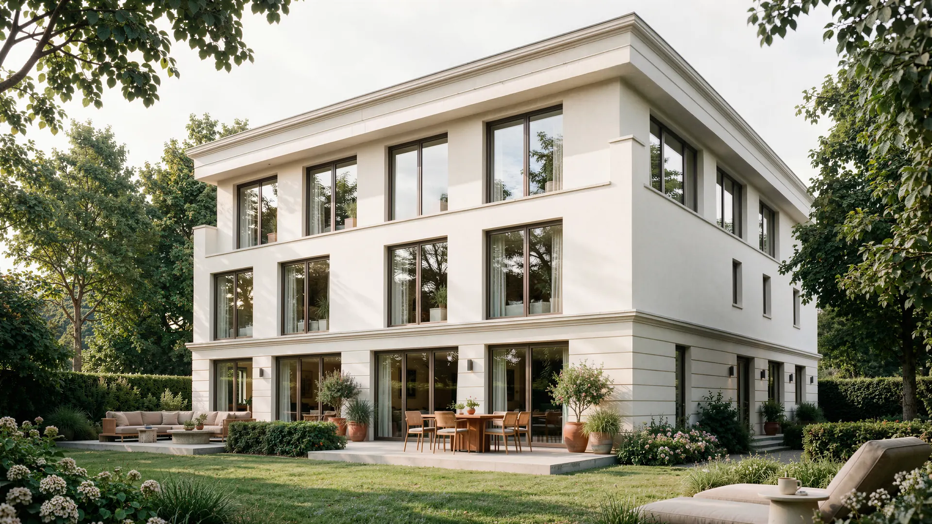 Fotorealistische Gartenansicht derselben Stadtvilla mit Terrasse und Staudenbeeten