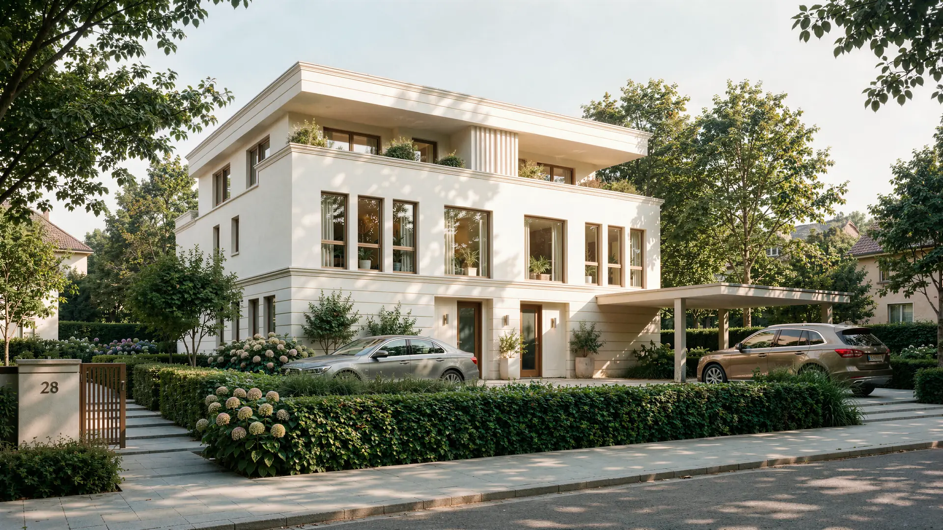 Fotorealistische Straßenansicht der weißen Stadtvilla mit Carport, Hecke und Vorgarten