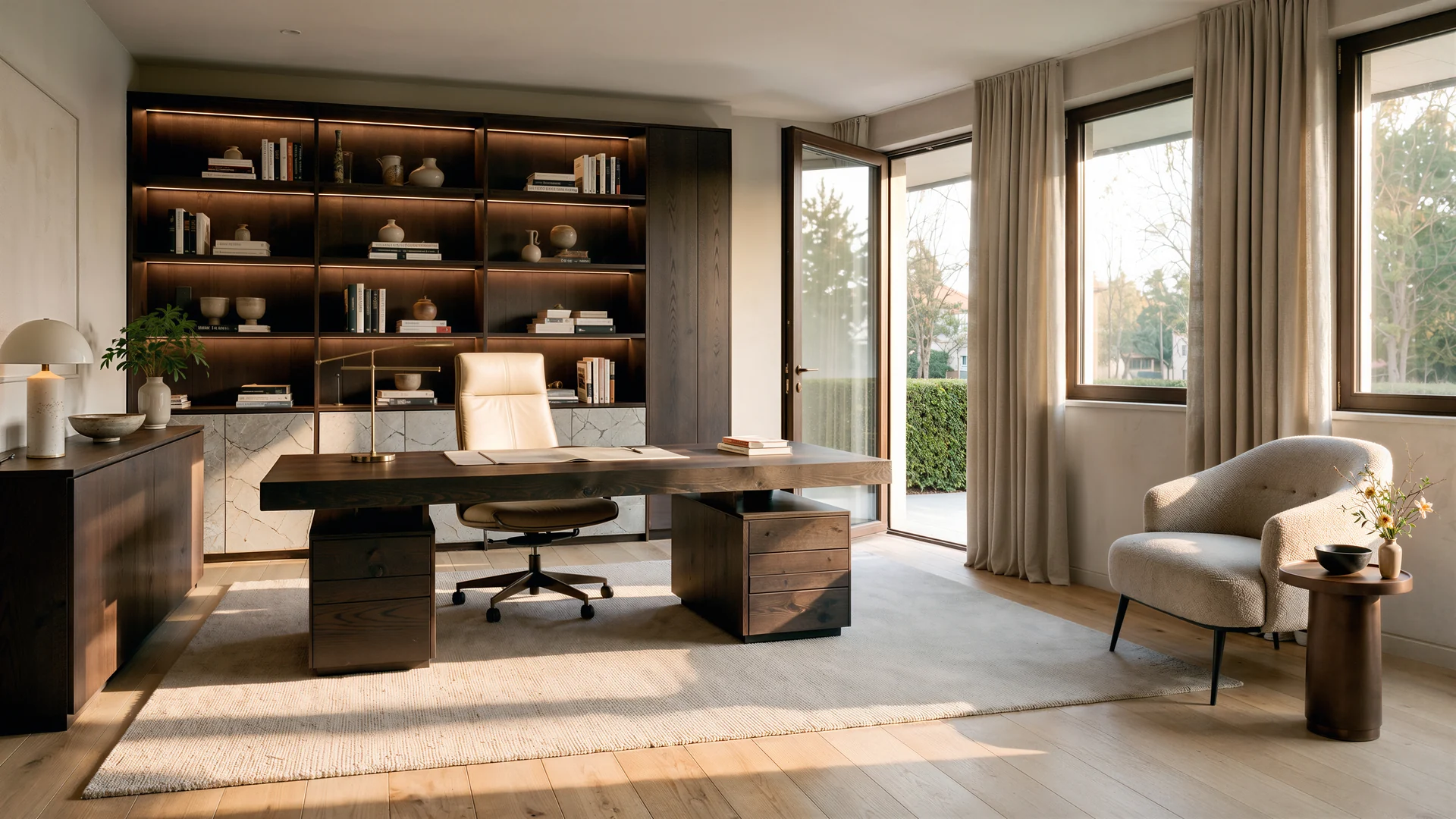 Arbeitszimmer mit dunkler Regalwand, Schreibtisch und Sessel am Fenster
