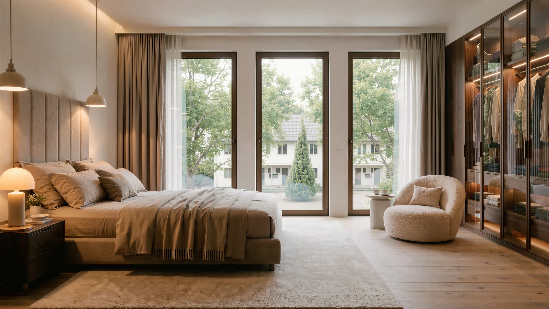 Schlafzimmer mit begehbarem Kleiderschrank und Fensterfront zum Garten
