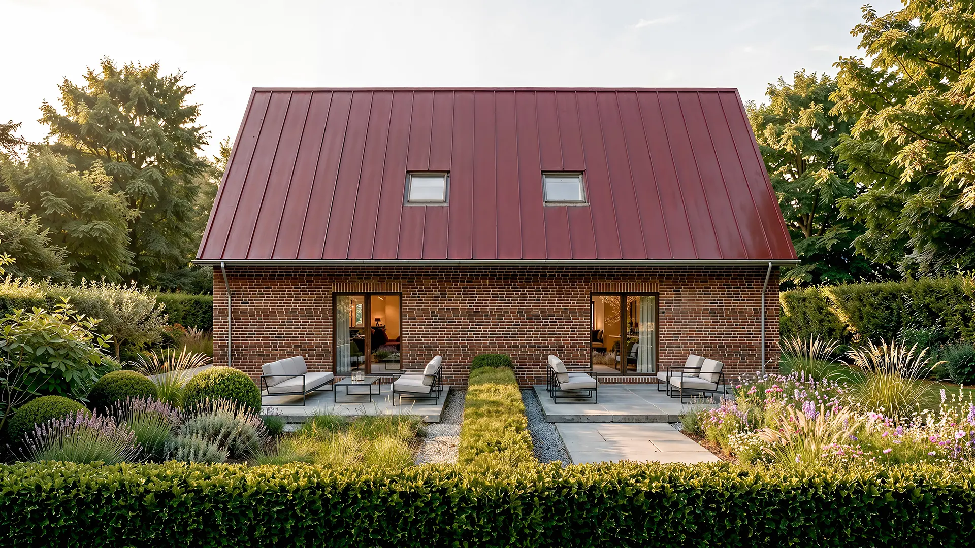 Fotorealistische Gartenansicht eines Einfamilienhauses aus rotbraunem Klinker mit dunkelrotem Stehfalz-Metalldach