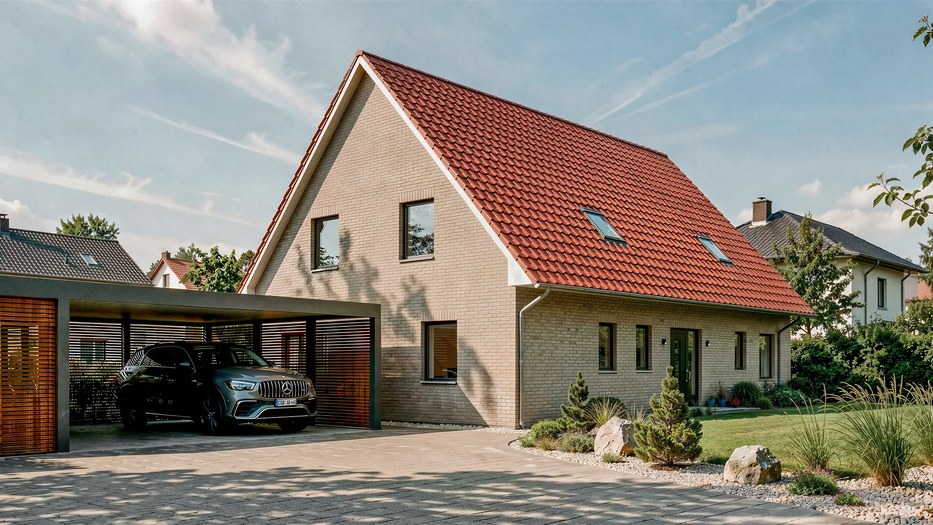 Fotorealistische Straßenansicht eines Einfamilienhauses aus hellem Klinker mit roter Ziegeldeckung und einem Doppelcarport mit Holzlamellen