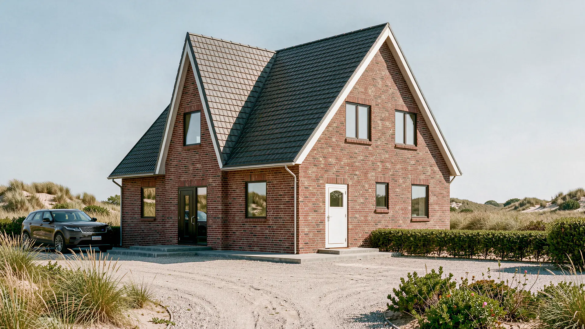 Fotorealistische Eckansicht eines ferienhausartigen Einfamilienhauses aus rotbuntem Klinker mit anthrazitfarbenem Ziegeldach