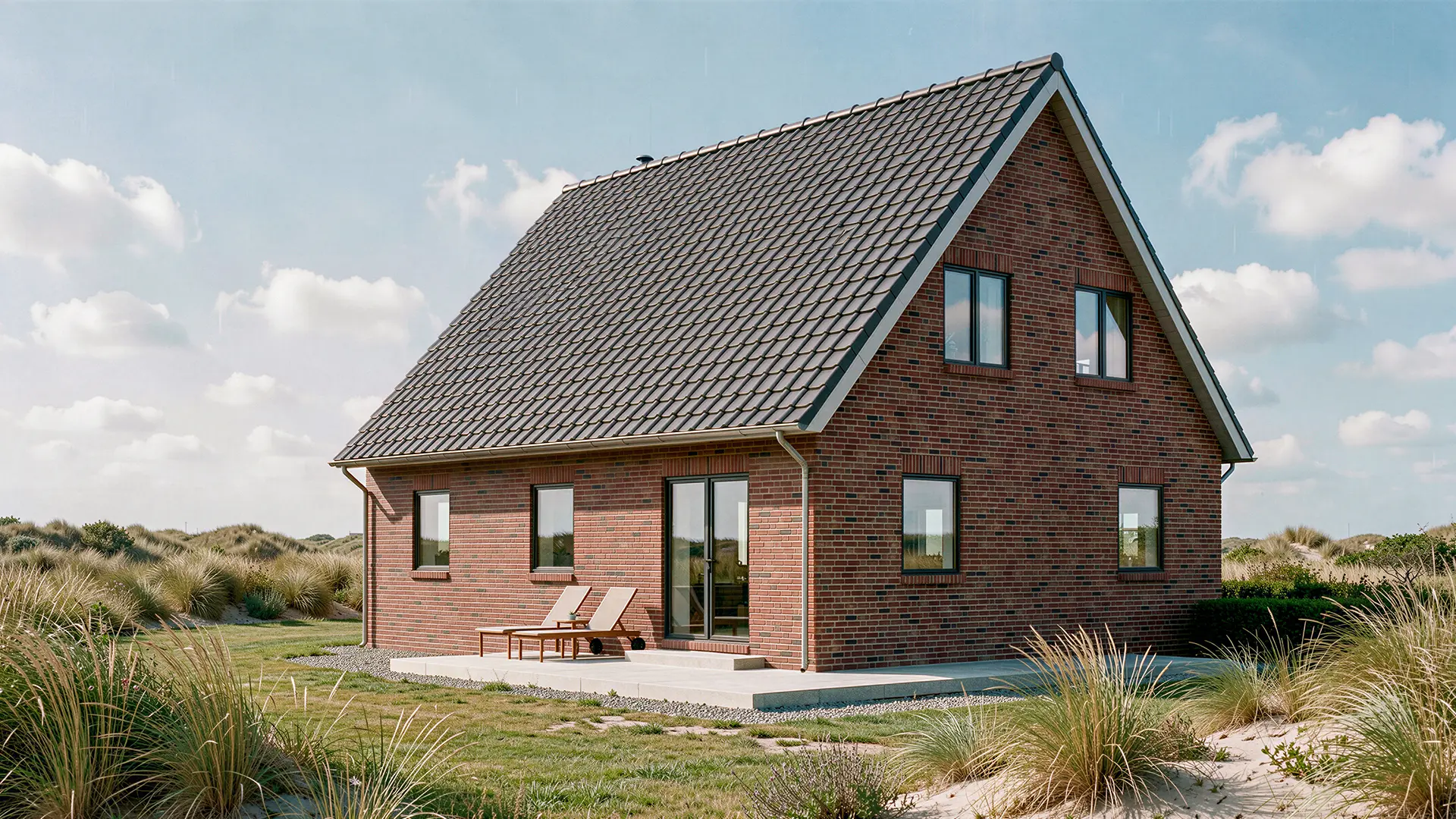 Fotorealistische Gartenansicht eines Einfamilienhauses aus rotem Klinker mit dunkelgrauem Ziegeldach und einer Terrasse mit zwei Holzliegen