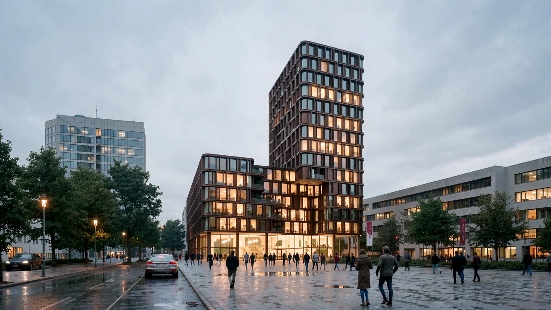 Fotorealistische Visualisierung des Büroturms mit dunkelbrauner Metallrasterfassade und erleuchtetem, verglastem Erdgeschoss