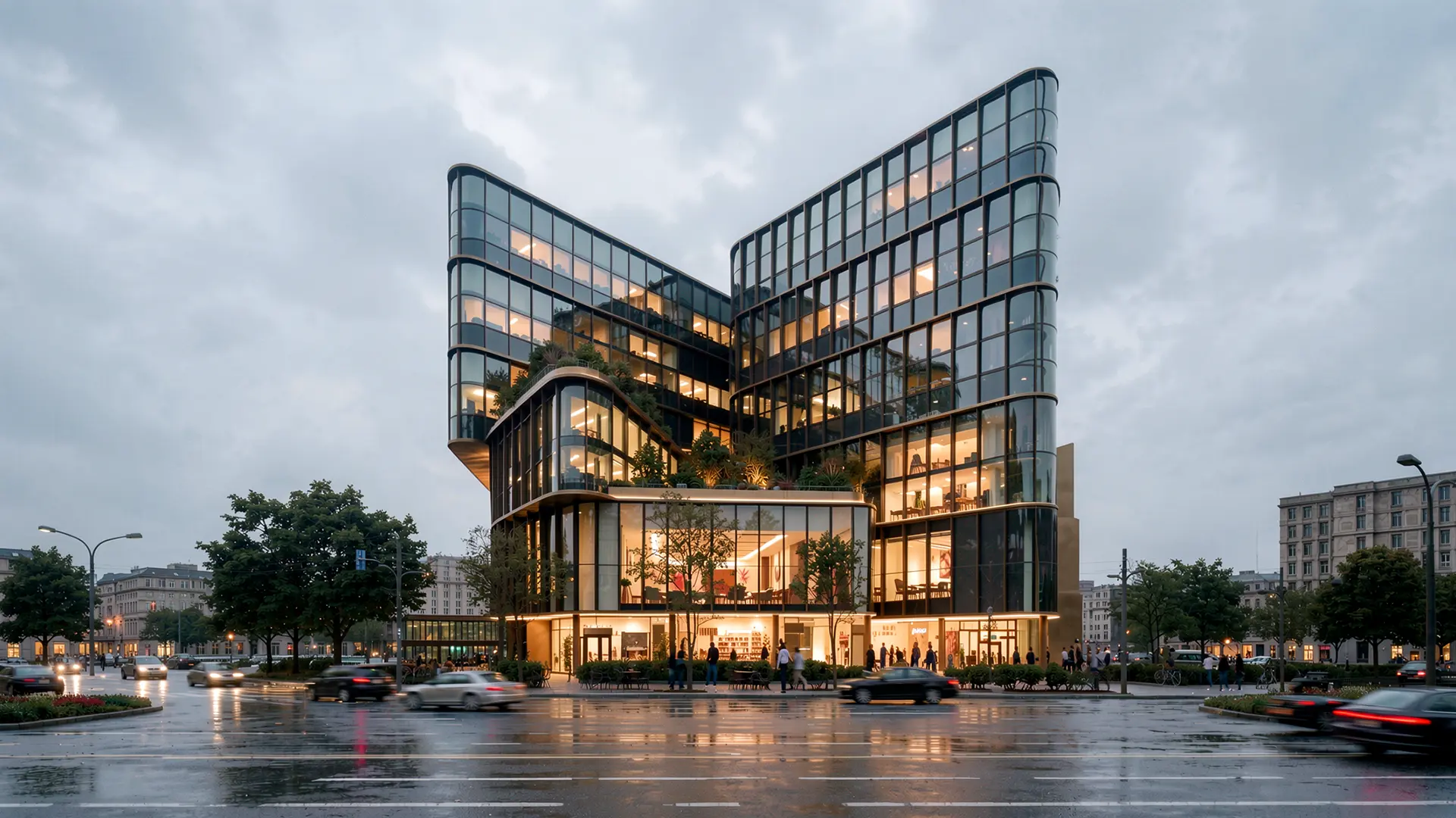 Fotorealistische Visualisierung des V-förmigen Glasgebäudes mit dunkler Rahmenfassade, bepflanzten Terrassen und hell erleuchteten Ladenzeilen
