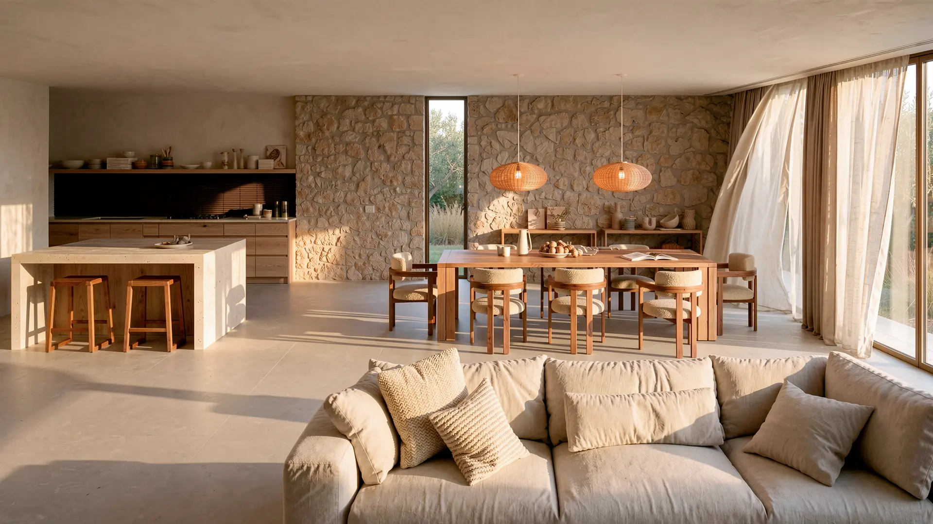 Fotorealistische Visualisierung des Wohn- und Essbereichs im mediterranen Landhausstil mit Natursteinwand und Holzesstisch mit Bouclé-Stühlen