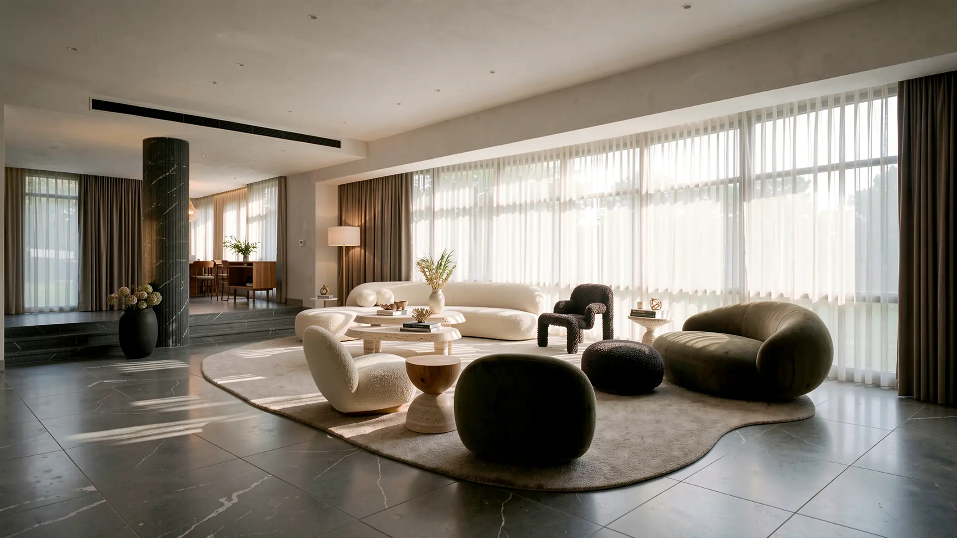 Fotorealistische Visualisierung des Lounge-Wohnraums mit cremefarbenen Bouclé-Sofas, olivgrünem Sessel und dunkler Marmorsäule