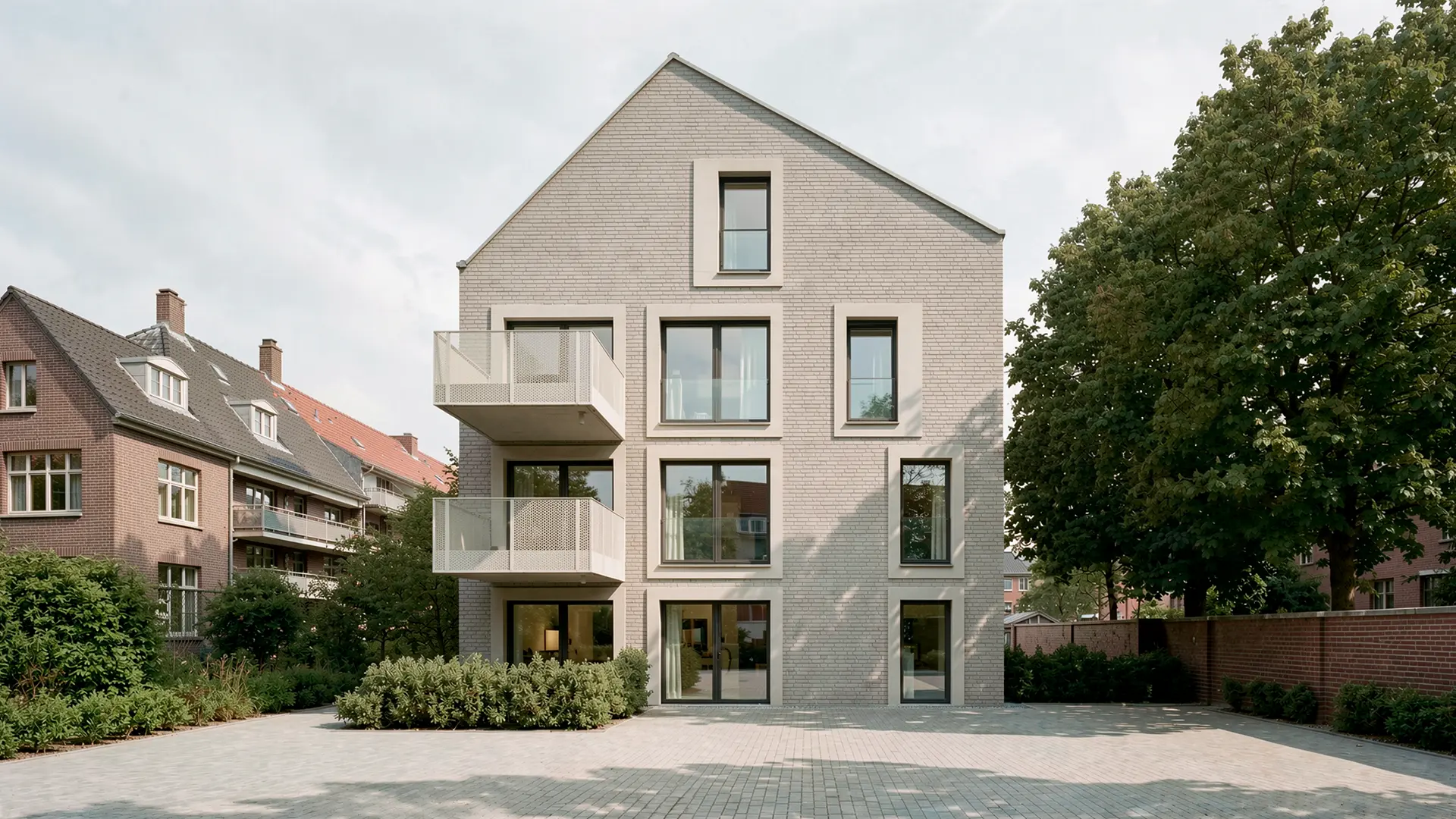 Fotorealistische Frontalansicht eines giebelständigen Mehrfamilienhauses in hellem Grauklinker mit gestapelten weißen Lochblech-Balkonen