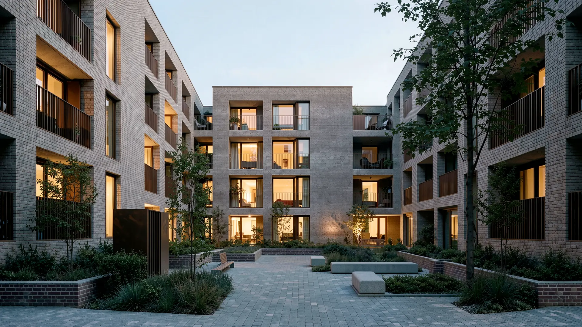 Fotorealistischer Blick in denselben Quartiersinnenhof mit grauen Klinkerfassaden, warm erleuchteten Wohnungen und bepflanzten Hochbeeten