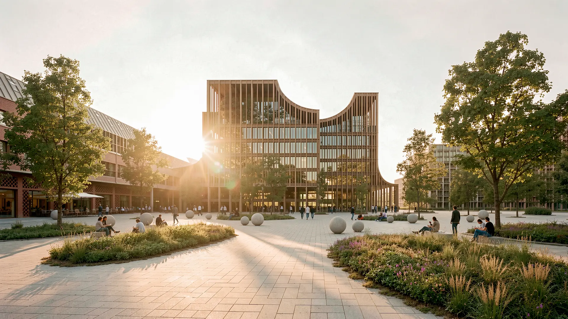 Fotorealistische Visualisierung desselben Büro- und Campusgebäudes mit holzfarbener Lamellenfassade und geschwungenen Dachausschnitten