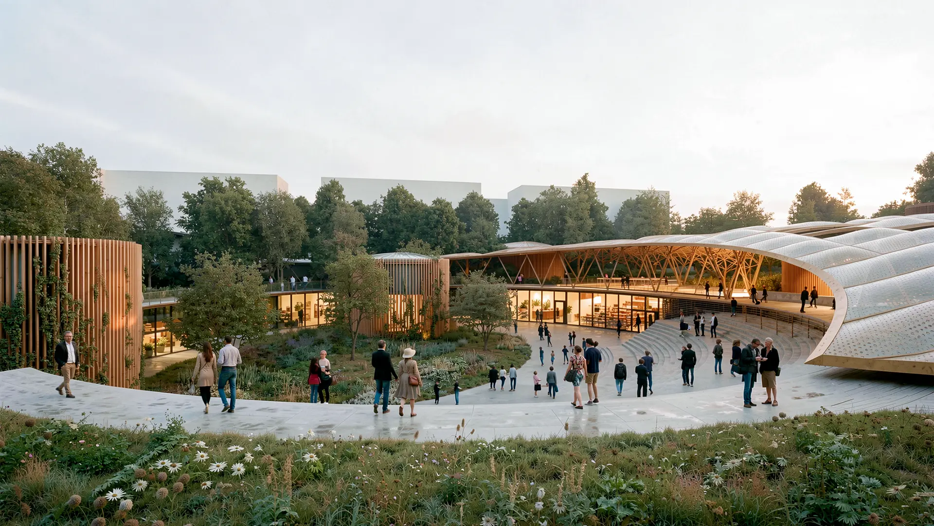 Fotorealistische Visualisierung des kreisförmigen Ensembles mit Holzpavillons und einem geschwungenen, transluzenten Gitterschalendach