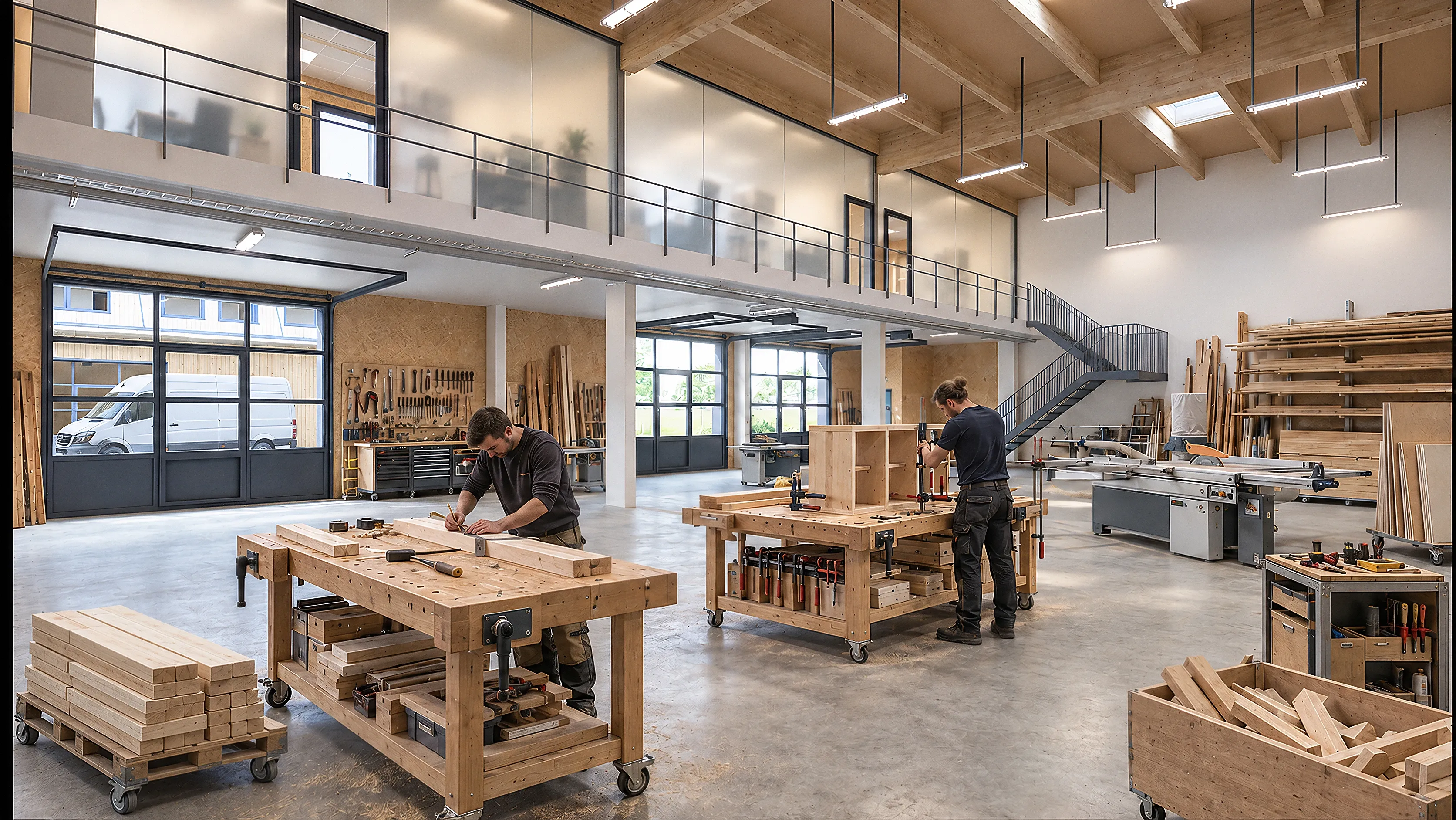 Fertige Architekturvisualisierung einer Tischlerwerkstatt mit Holzbalkendecke, Galerie und Werkbänken im Tageslicht