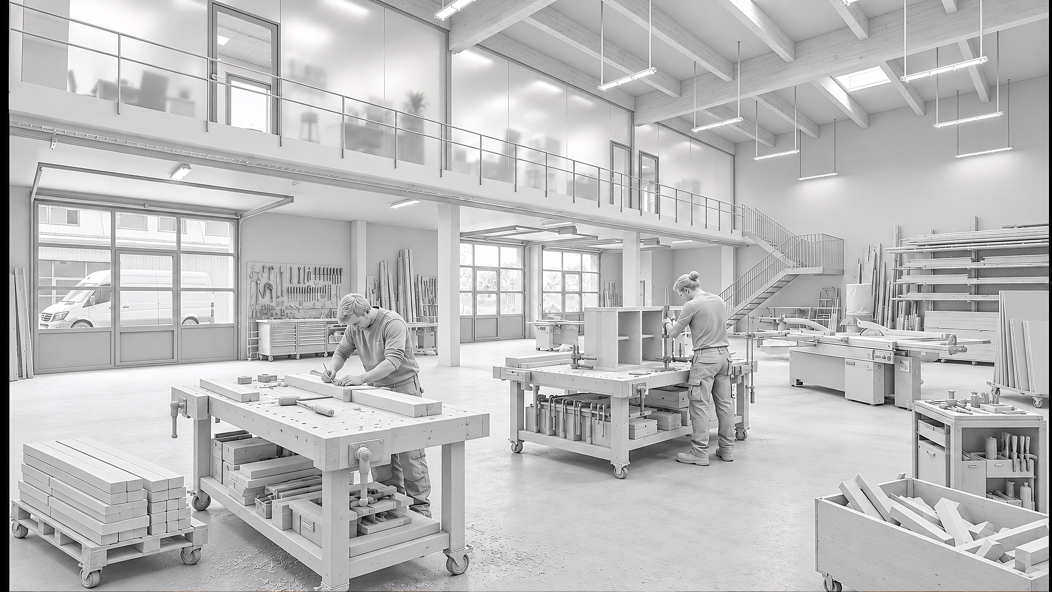 Unbearbeitetes weißes Rendering derselben Tischlerwerkstatt als Ausgangsdaten
